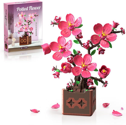 Flowers Botanicals Pink Peach Blossom Building Set, Artificial Plant Bonsai Tree Building Block Compatible with Lego, Home Office Decor, Birthday Gifts for Women Adults Girls 8-12 (602Pcs)