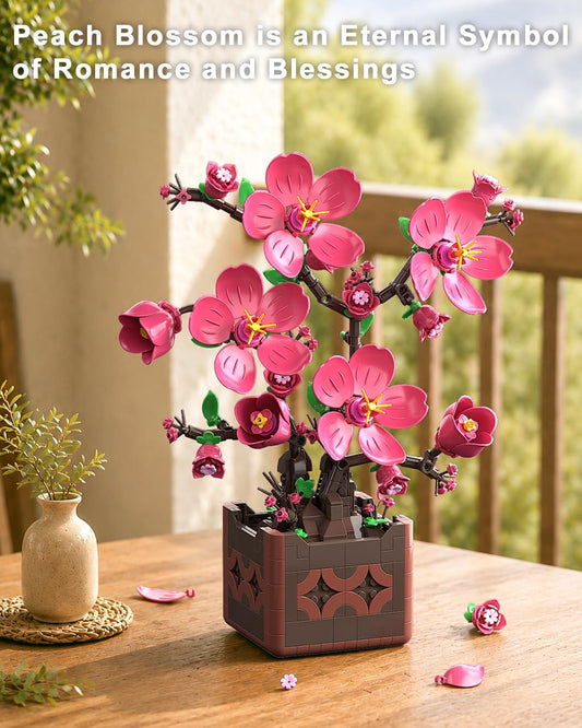 Flowers Botanicals Pink Peach Blossom Building Set, Artificial Plant Bonsai Tree Building Block Compatible with Lego, Home Office Decor, Birthday Gifts for Women Adults Girls 8-12 (602Pcs)