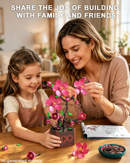 Flowers Botanicals Pink Peach Blossom Building Set, Artificial Plant Bonsai Tree Building Block Compatible with Lego, Home Office Decor, Birthday Gifts for Women Adults Girls 8-12 (602Pcs)