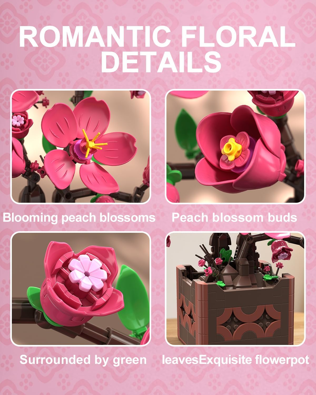 Flowers Botanicals Pink Peach Blossom Building Set, Artificial Plant Bonsai Tree Building Block Compatible with Lego, Home Office Decor, Birthday Gifts for Women Adults Girls 8-12 (602Pcs)