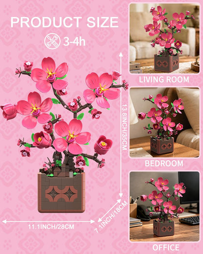 Flowers Botanicals Pink Peach Blossom Building Set, Artificial Plant Bonsai Tree Building Block Compatible with Lego, Home Office Decor, Birthday Gifts for Women Adults Girls 8-12 (602Pcs)