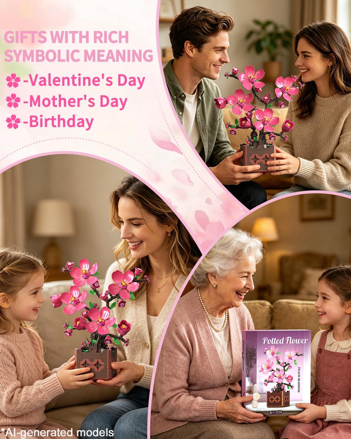Flowers Botanicals Pink Peach Blossom Building Set, Artificial Plant Bonsai Tree Building Block Compatible with Lego, Home Office Decor, Birthday Gifts for Women Adults Girls 8-12 (602Pcs)
