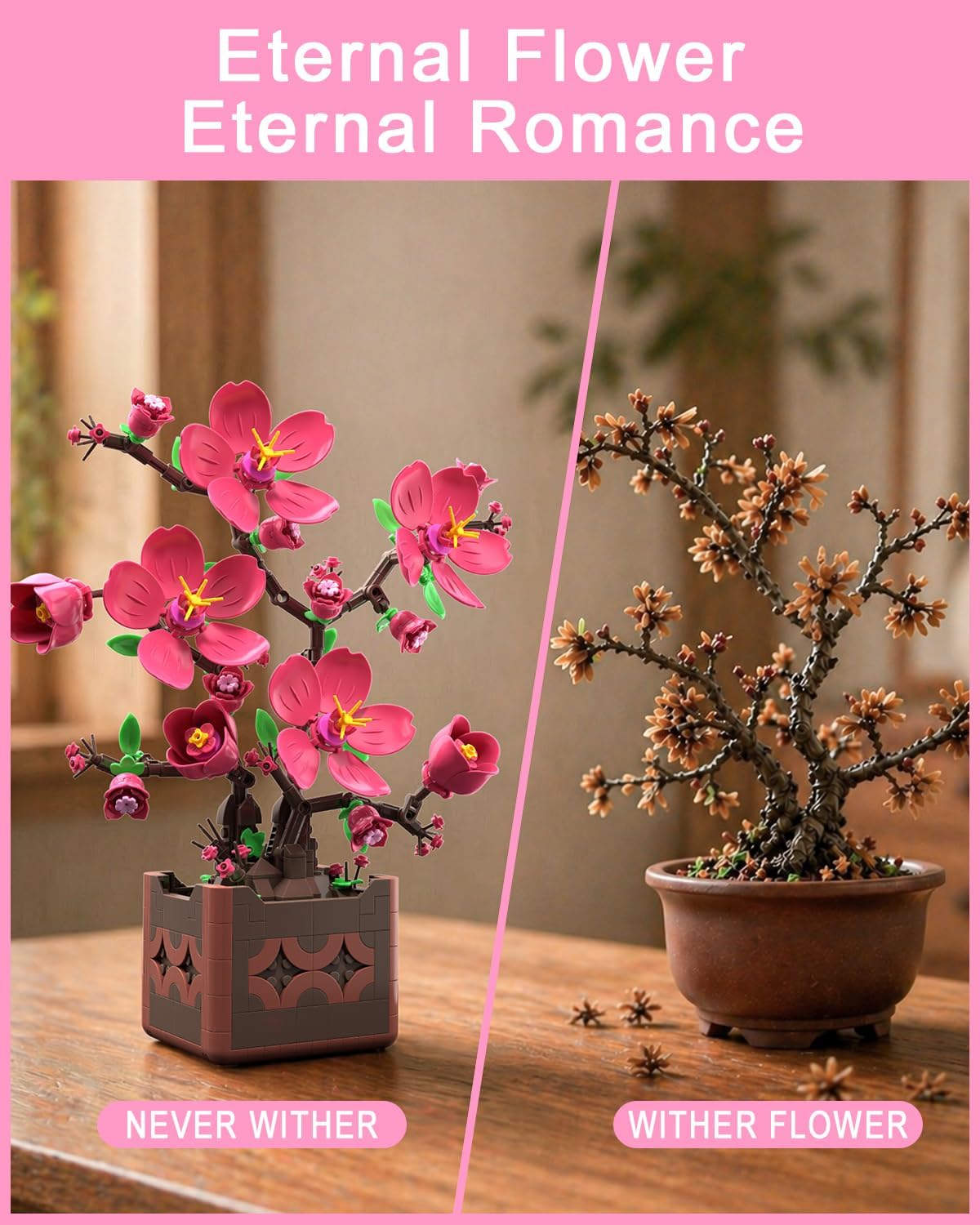 Flowers Botanicals Pink Peach Blossom Building Set, Artificial Plant Bonsai Tree Building Block Compatible with Lego, Home Office Decor, Birthday Gifts for Women Adults Girls 8-12 (602Pcs)