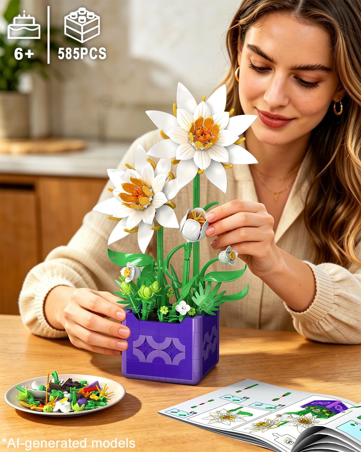 Flowers Botanicals Pink Peach Blossom Building Set, Artificial Plant Bonsai Tree Building Block Compatible with Lego, Home Office Decor, Birthday Gifts for Women Adults Girls 8-12 (602Pcs)
