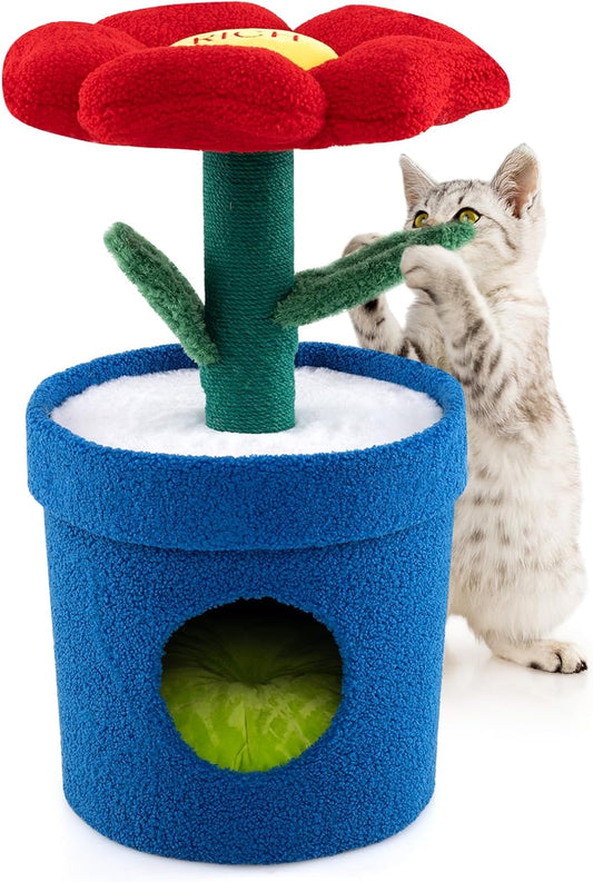 28.5-inch Potted Plant-Shaped Cute Cat Tree | Novel Small Flower Cat Tower | Scratching Post | Flower-Shaped Comfy Top Perch | Bottom Cozy Condo with Removable Soft Pad