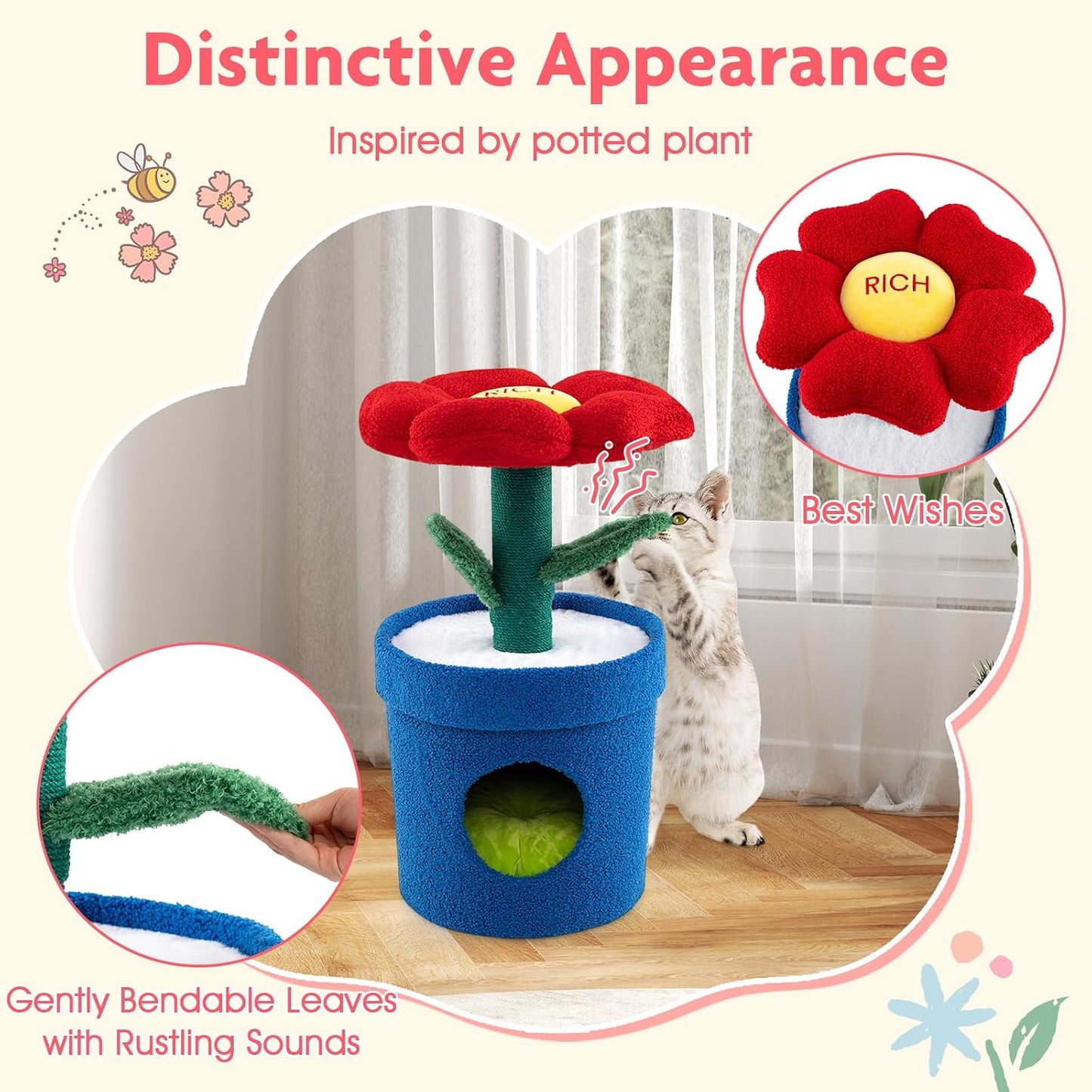 28.5-inch Potted Plant-Shaped Cute Cat Tree | Novel Small Flower Cat Tower | Scratching Post | Flower-Shaped Comfy Top Perch | Bottom Cozy Condo with Removable Soft Pad