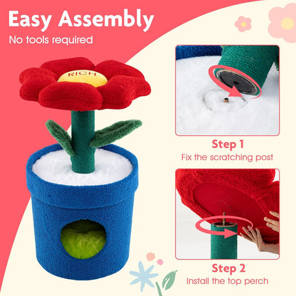 28.5-inch Potted Plant-Shaped Cute Cat Tree | Novel Small Flower Cat Tower | Scratching Post | Flower-Shaped Comfy Top Perch | Bottom Cozy Condo with Removable Soft Pad