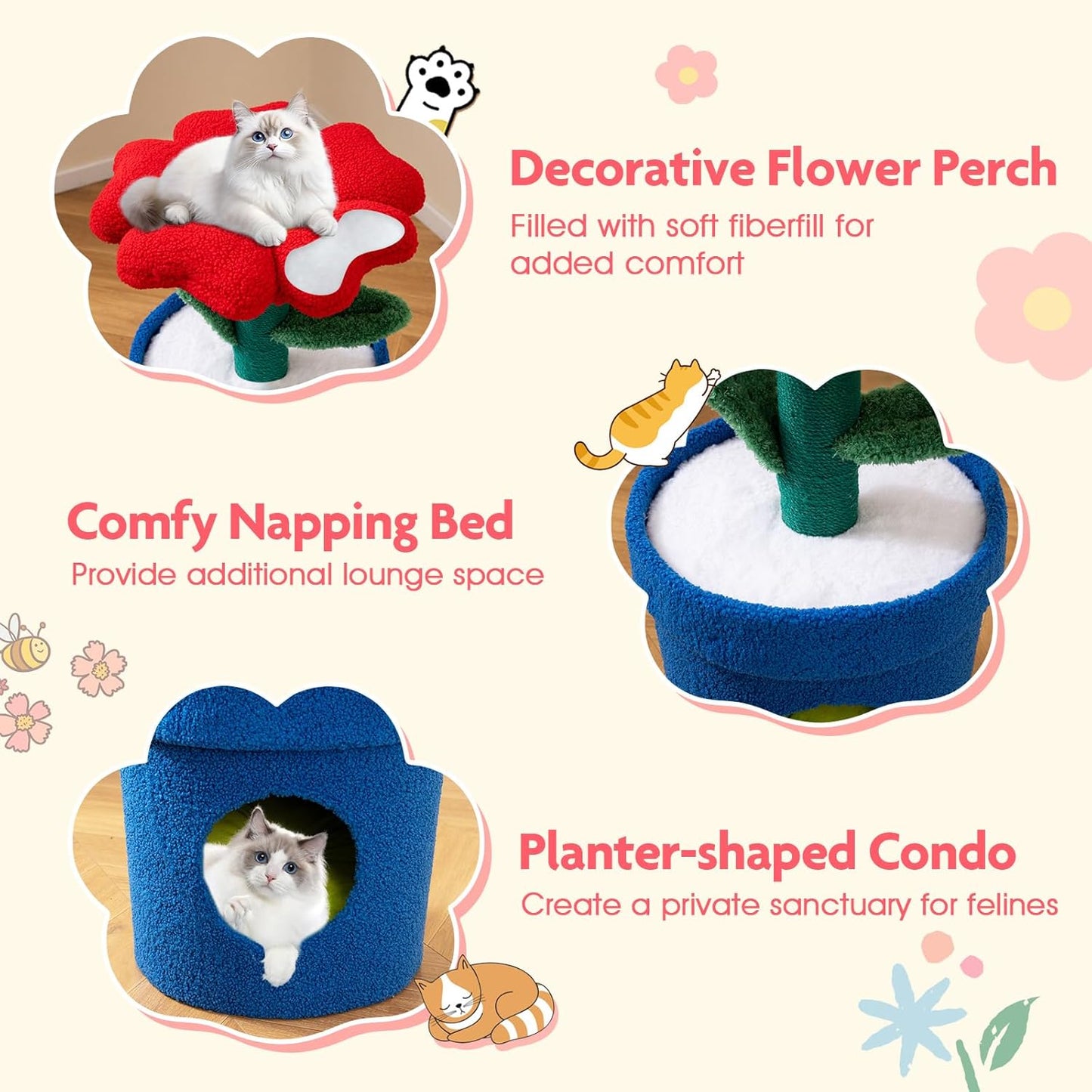28.5-inch Potted Plant-Shaped Cute Cat Tree | Novel Small Flower Cat Tower | Scratching Post | Flower-Shaped Comfy Top Perch | Bottom Cozy Condo with Removable Soft Pad