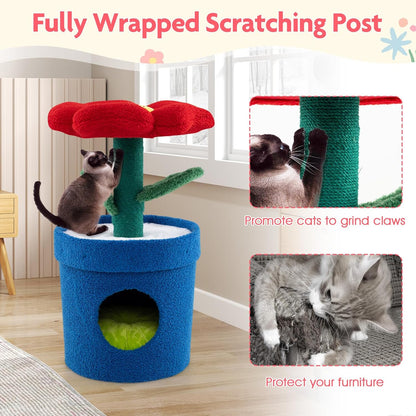 28.5-inch Potted Plant-Shaped Cute Cat Tree | Novel Small Flower Cat Tower | Scratching Post | Flower-Shaped Comfy Top Perch | Bottom Cozy Condo with Removable Soft Pad