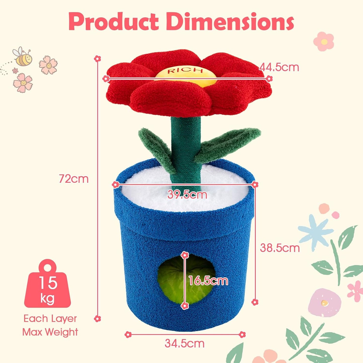 28.5-inch Potted Plant-Shaped Cute Cat Tree | Novel Small Flower Cat Tower | Scratching Post | Flower-Shaped Comfy Top Perch | Bottom Cozy Condo with Removable Soft Pad