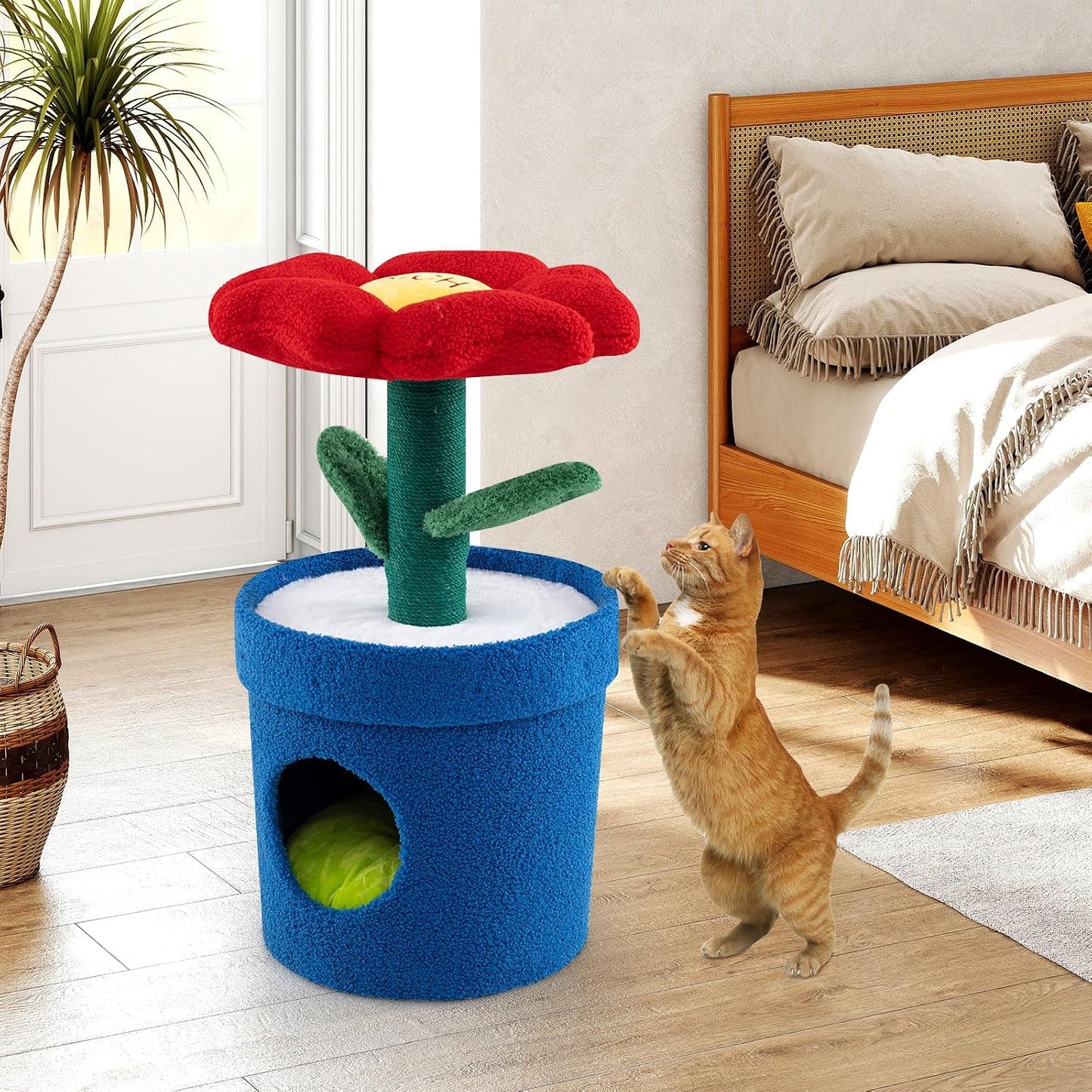28.5-inch Potted Plant-Shaped Cute Cat Tree | Novel Small Flower Cat Tower | Scratching Post | Flower-Shaped Comfy Top Perch | Bottom Cozy Condo with Removable Soft Pad