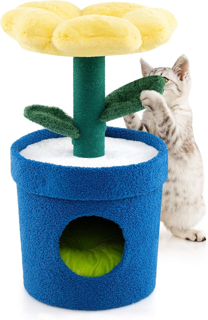 28.5-inch Potted Plant-Shaped Cute Cat Tree | Novel Small Flower Cat Tower | Scratching Post | Flower-Shaped Comfy Top Perch | Bottom Cozy Condo with Removable Soft Pad