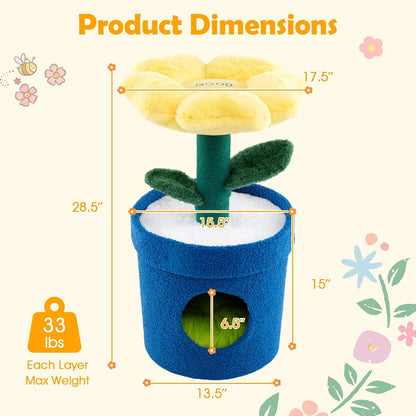 28.5-inch Potted Plant-Shaped Cute Cat Tree | Novel Small Flower Cat Tower | Scratching Post | Flower-Shaped Comfy Top Perch | Bottom Cozy Condo with Removable Soft Pad