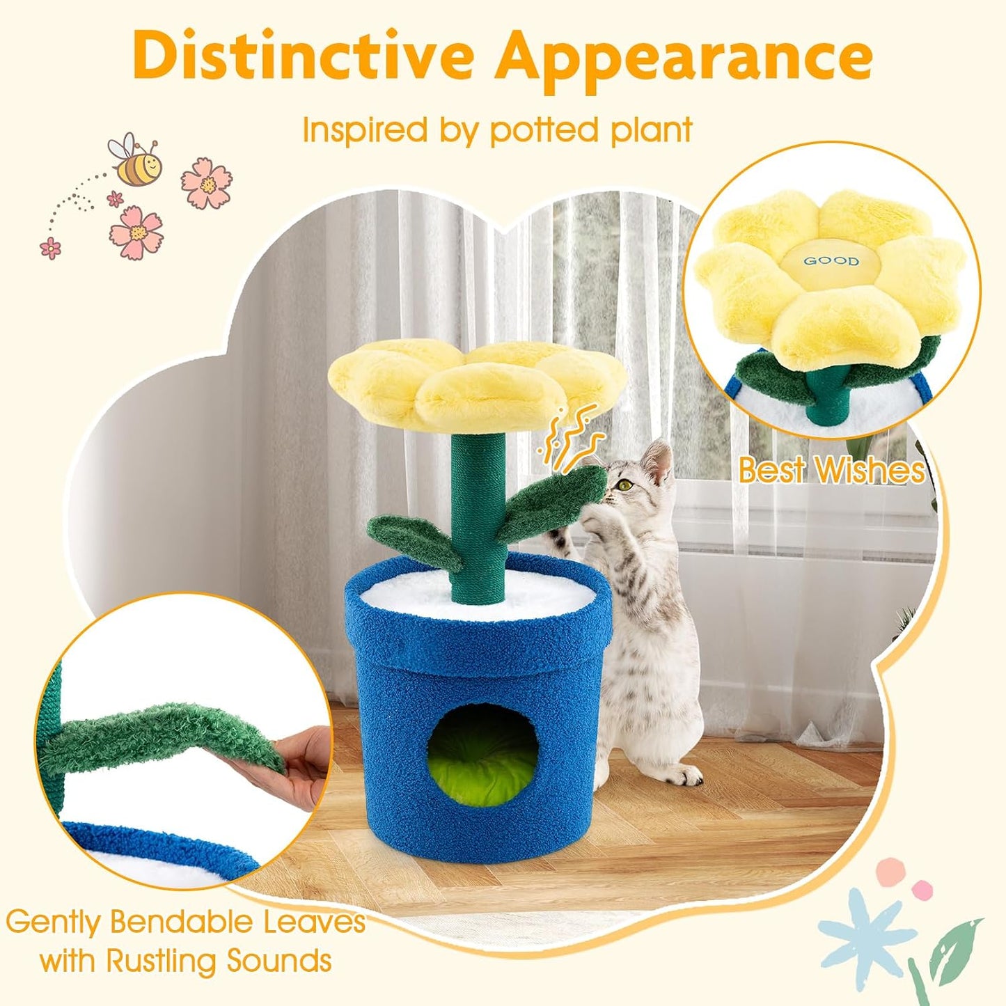 28.5-inch Potted Plant-Shaped Cute Cat Tree | Novel Small Flower Cat Tower | Scratching Post | Flower-Shaped Comfy Top Perch | Bottom Cozy Condo with Removable Soft Pad