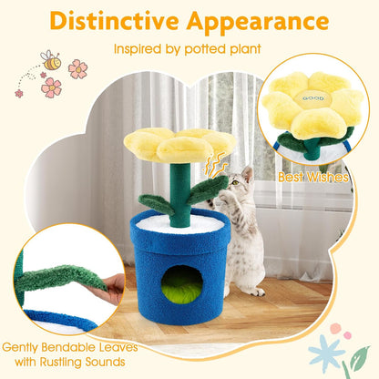 28.5-inch Potted Plant-Shaped Cute Cat Tree | Novel Small Flower Cat Tower | Scratching Post | Flower-Shaped Comfy Top Perch | Bottom Cozy Condo with Removable Soft Pad