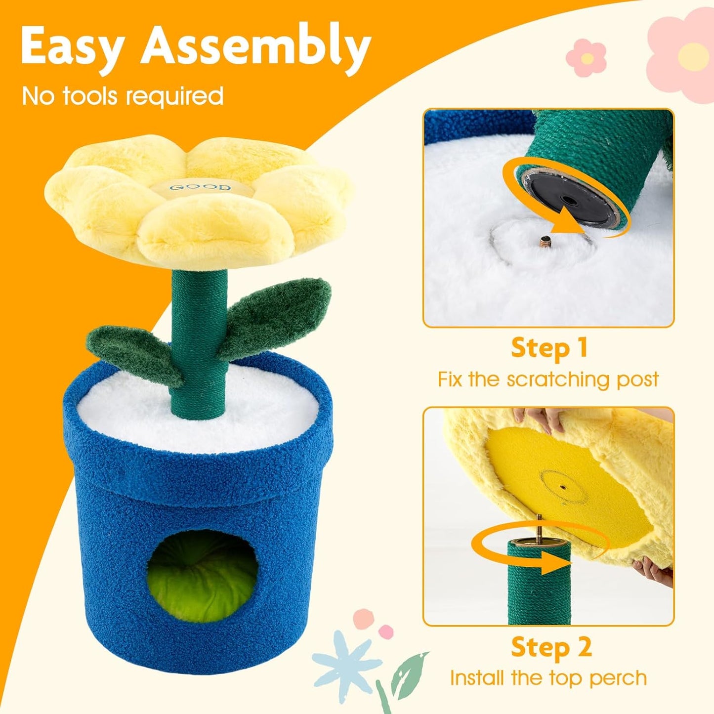28.5-inch Potted Plant-Shaped Cute Cat Tree | Novel Small Flower Cat Tower | Scratching Post | Flower-Shaped Comfy Top Perch | Bottom Cozy Condo with Removable Soft Pad