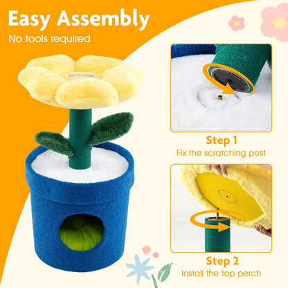 28.5-inch Potted Plant-Shaped Cute Cat Tree | Novel Small Flower Cat Tower | Scratching Post | Flower-Shaped Comfy Top Perch | Bottom Cozy Condo with Removable Soft Pad