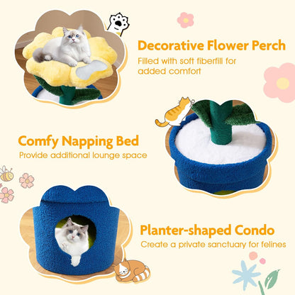28.5-inch Potted Plant-Shaped Cute Cat Tree | Novel Small Flower Cat Tower | Scratching Post | Flower-Shaped Comfy Top Perch | Bottom Cozy Condo with Removable Soft Pad