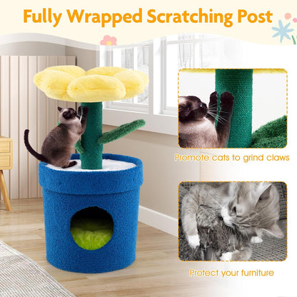28.5-inch Potted Plant-Shaped Cute Cat Tree | Novel Small Flower Cat Tower | Scratching Post | Flower-Shaped Comfy Top Perch | Bottom Cozy Condo with Removable Soft Pad
