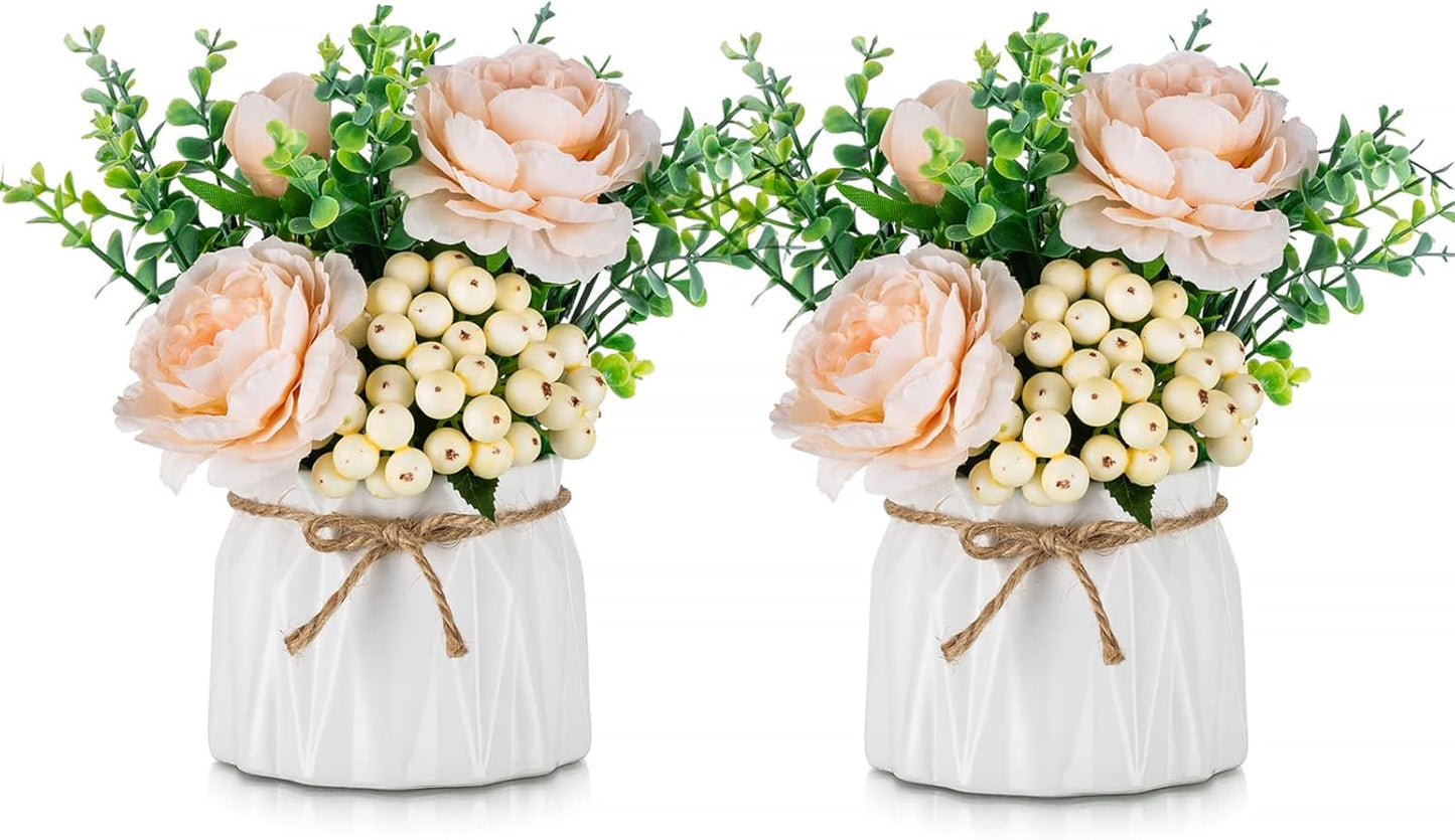 Hydrangea Artificial Flowers in Vase for Table, 4 Pcs, 5.9 Inch | 4 Colors, Small Ceramic Vase with Flowers, Cute Floral Arrangement Centerpieces, for Bathroom, Desk, Shelf, Vanity Tabletop
