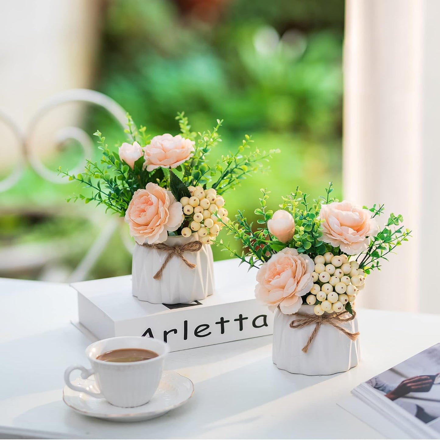 Hydrangea Artificial Flowers in Vase for Table, 4 Pcs, 5.9 Inch | 4 Colors, Small Ceramic Vase with Flowers, Cute Floral Arrangement Centerpieces, for Bathroom, Desk, Shelf, Vanity Tabletop