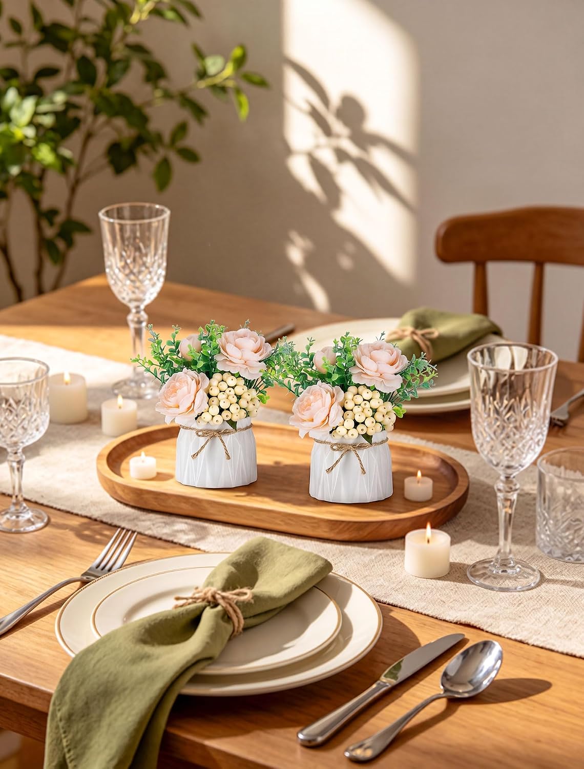 Hydrangea Artificial Flowers in Vase for Table, 4 Pcs, 5.9 Inch | 4 Colors, Small Ceramic Vase with Flowers, Cute Floral Arrangement Centerpieces, for Bathroom, Desk, Shelf, Vanity Tabletop