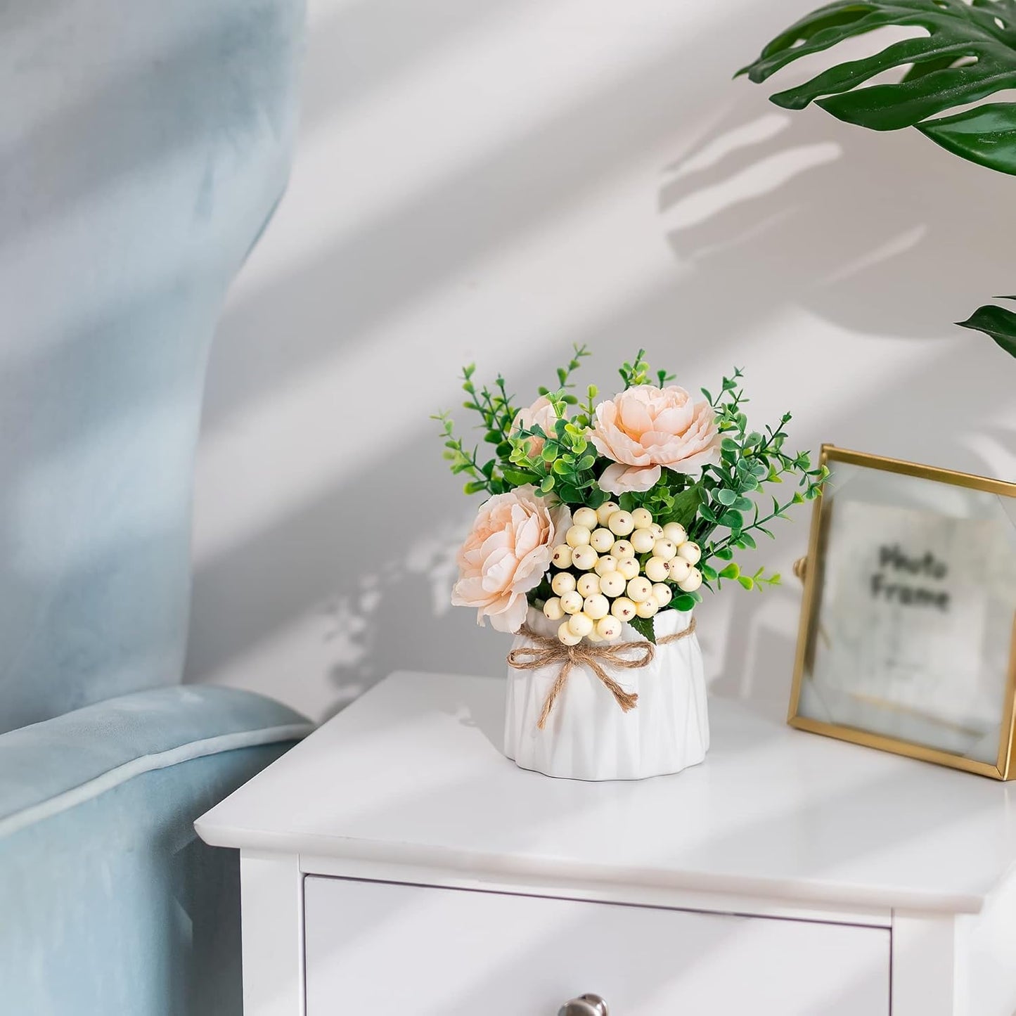 Hydrangea Artificial Flowers in Vase for Table, 4 Pcs, 5.9 Inch | 4 Colors, Small Ceramic Vase with Flowers, Cute Floral Arrangement Centerpieces, for Bathroom, Desk, Shelf, Vanity Tabletop