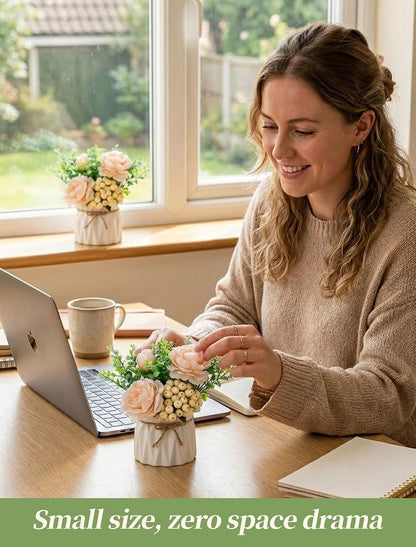 Hydrangea Artificial Flowers in Vase for Table, 4 Pcs, 5.9 Inch | 4 Colors, Small Ceramic Vase with Flowers, Cute Floral Arrangement Centerpieces, for Bathroom, Desk, Shelf, Vanity Tabletop