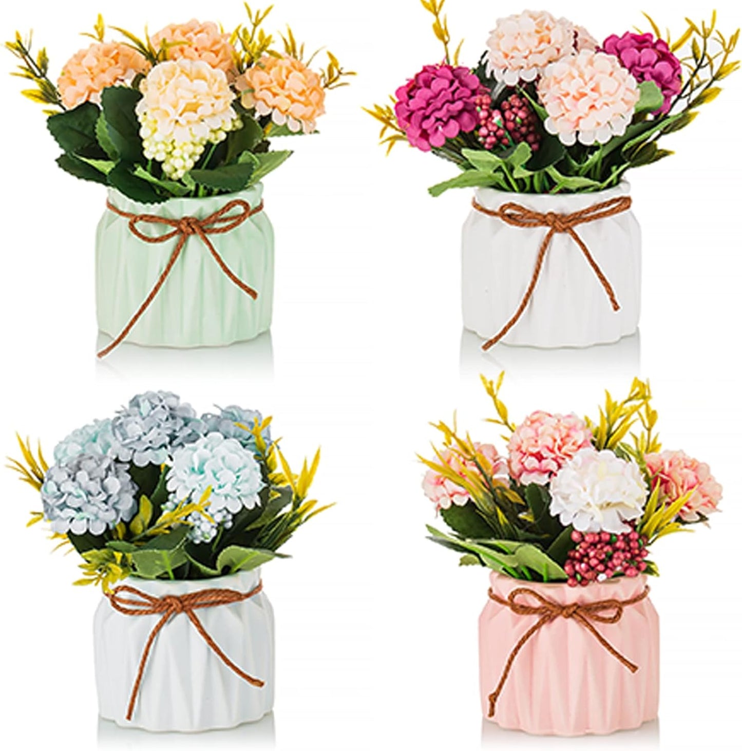 Hydrangea Artificial Flowers in Vase for Table, 4 Pcs, 5.9 Inch | 4 Colors, Small Ceramic Vase with Flowers, Cute Floral Arrangement Centerpieces, for Bathroom, Desk, Shelf, Vanity Tabletop