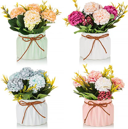 Hydrangea Artificial Flowers in Vase for Table, 4 Pcs, 5.9 Inch | 4 Colors, Small Ceramic Vase with Flowers, Cute Floral Arrangement Centerpieces, for Bathroom, Desk, Shelf, Vanity Tabletop
