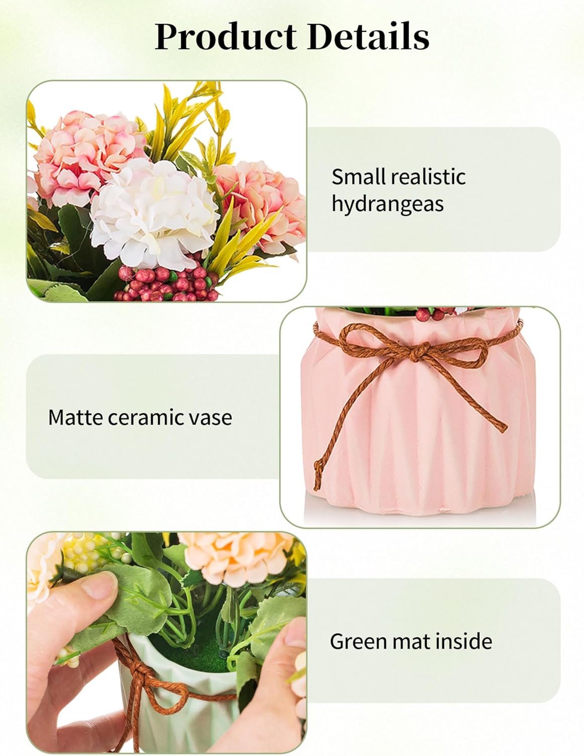 Hydrangea Artificial Flowers in Vase for Table, 4 Pcs, 5.9 Inch | 4 Colors, Small Ceramic Vase with Flowers, Cute Floral Arrangement Centerpieces, for Bathroom, Desk, Shelf, Vanity Tabletop