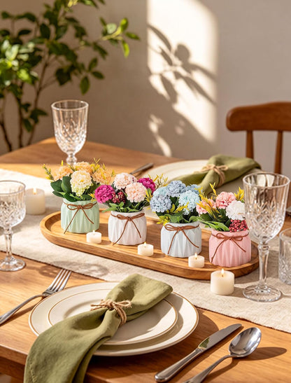 Hydrangea Artificial Flowers in Vase for Table, 4 Pcs, 5.9 Inch | 4 Colors, Small Ceramic Vase with Flowers, Cute Floral Arrangement Centerpieces, for Bathroom, Desk, Shelf, Vanity Tabletop