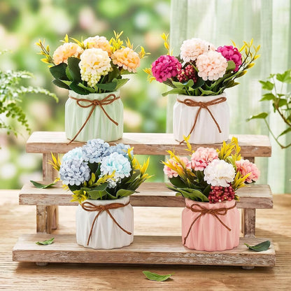 Hydrangea Artificial Flowers in Vase for Table, 4 Pcs, 5.9 Inch | 4 Colors, Small Ceramic Vase with Flowers, Cute Floral Arrangement Centerpieces, for Bathroom, Desk, Shelf, Vanity Tabletop