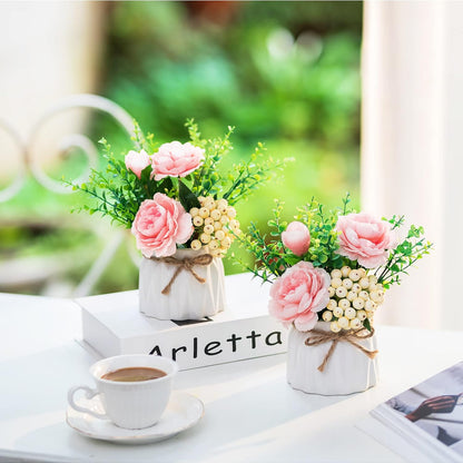 Hydrangea Artificial Flowers in Vase for Table, 4 Pcs, 5.9 Inch | 4 Colors, Small Ceramic Vase with Flowers, Cute Floral Arrangement Centerpieces, for Bathroom, Desk, Shelf, Vanity Tabletop