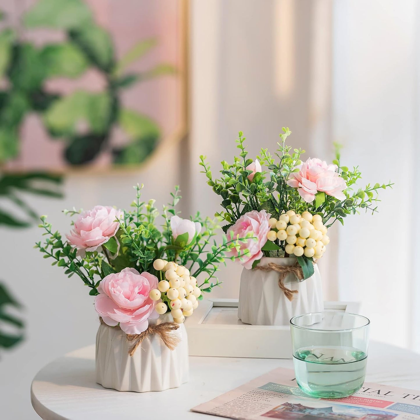 Hydrangea Artificial Flowers in Vase for Table, 4 Pcs, 5.9 Inch | 4 Colors, Small Ceramic Vase with Flowers, Cute Floral Arrangement Centerpieces, for Bathroom, Desk, Shelf, Vanity Tabletop