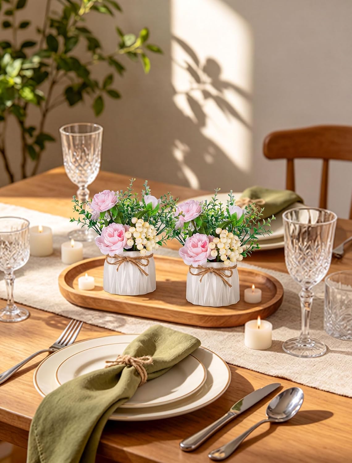Hydrangea Artificial Flowers in Vase for Table, 4 Pcs, 5.9 Inch | 4 Colors, Small Ceramic Vase with Flowers, Cute Floral Arrangement Centerpieces, for Bathroom, Desk, Shelf, Vanity Tabletop
