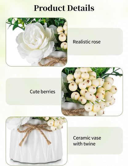 Hydrangea Artificial Flowers in Vase for Table, 4 Pcs, 5.9 Inch | 4 Colors, Small Ceramic Vase with Flowers, Cute Floral Arrangement Centerpieces, for Bathroom, Desk, Shelf, Vanity Tabletop