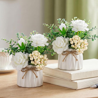 Hydrangea Artificial Flowers in Vase for Table, 4 Pcs, 5.9 Inch | 4 Colors, Small Ceramic Vase with Flowers, Cute Floral Arrangement Centerpieces, for Bathroom, Desk, Shelf, Vanity Tabletop
