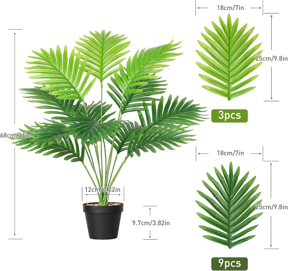 Set of 2 Artificial Areca Palm Plants in Pots, Fake Plants