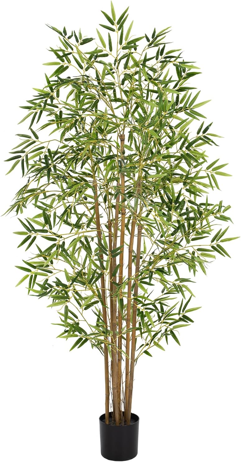 Artificial Bamboo Tree, Fake Bamboo Plant 5FT Tall with 6 Natural Real Bamboo Trunks, Artificial Tree Indoor Decor Faux Silk Tree for Home Office Living Room Modern Decor
