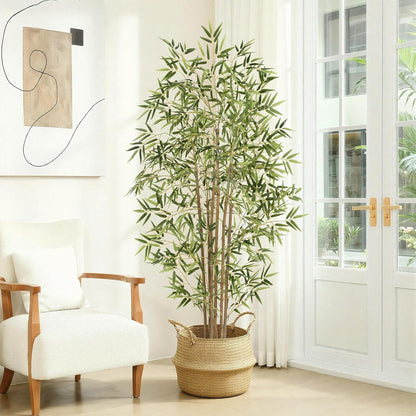 Artificial Bamboo Tree, Fake Bamboo Plant 5FT Tall with 6 Natural Real Bamboo Trunks, Artificial Tree Indoor Decor Faux Silk Tree for Home Office Living Room Modern Decor
