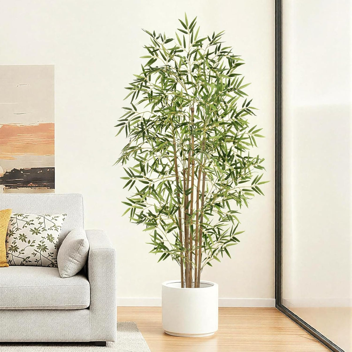 Artificial Bamboo Tree, Fake Bamboo Plant 5FT Tall with 6 Natural Real Bamboo Trunks, Artificial Tree Indoor Decor Faux Silk Tree for Home Office Living Room Modern Decor