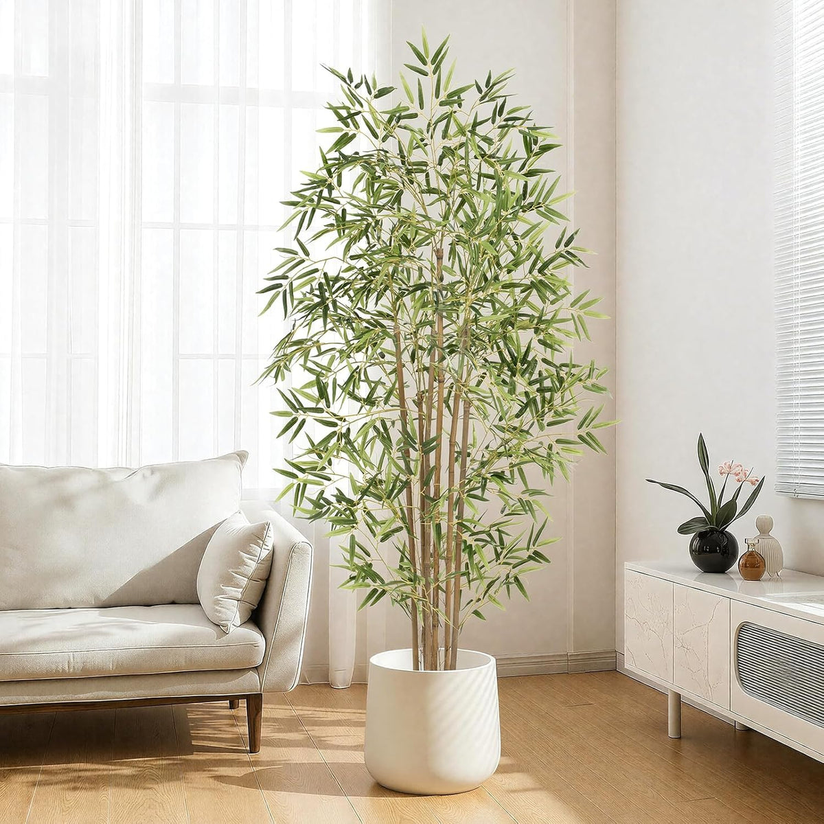 Artificial Bamboo Tree, Fake Bamboo Plant 5FT Tall with 6 Natural Real Bamboo Trunks, Artificial Tree Indoor Decor Faux Silk Tree for Home Office Living Room Modern Decor
