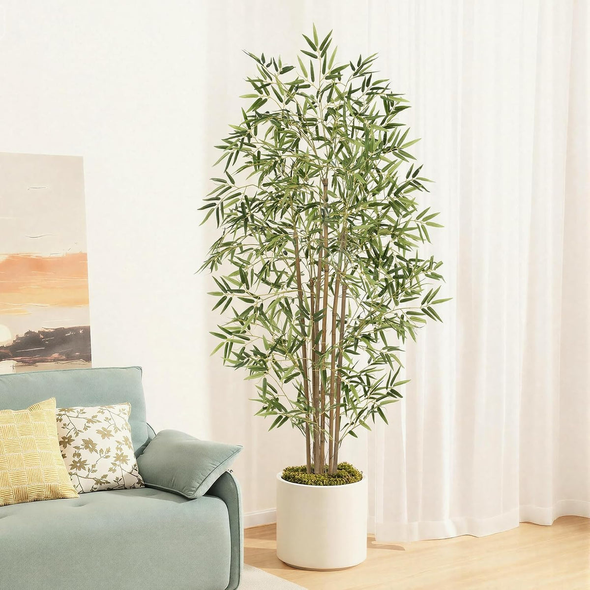 Artificial Bamboo Tree, Fake Bamboo Plant 5FT Tall with 6 Natural Real Bamboo Trunks, Artificial Tree Indoor Decor Faux Silk Tree for Home Office Living Room Modern Decor