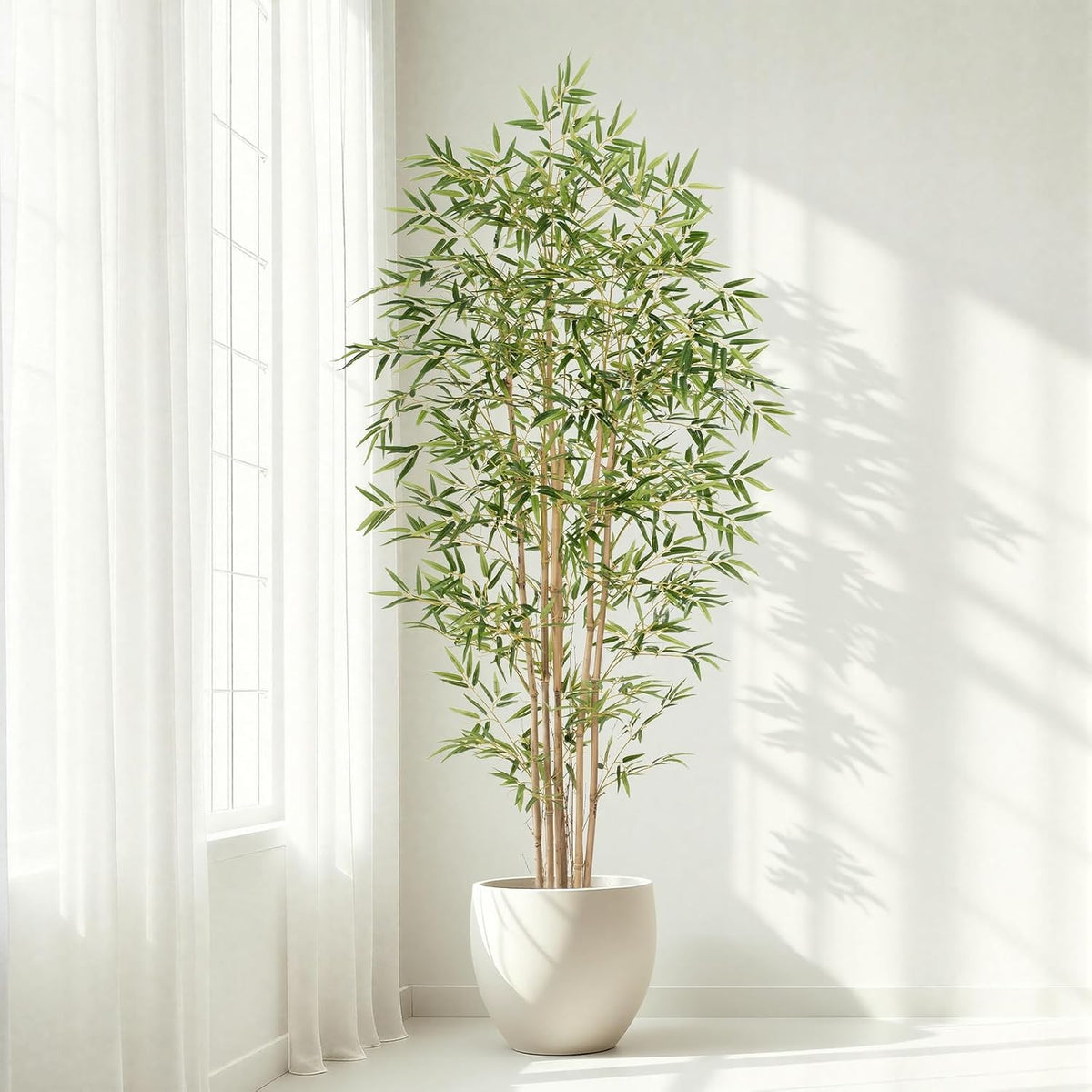 Artificial Bamboo Tree, Fake Bamboo Plant 5FT Tall with 6 Natural Real Bamboo Trunks, Artificial Tree Indoor Decor Faux Silk Tree for Home Office Living Room Modern Decor