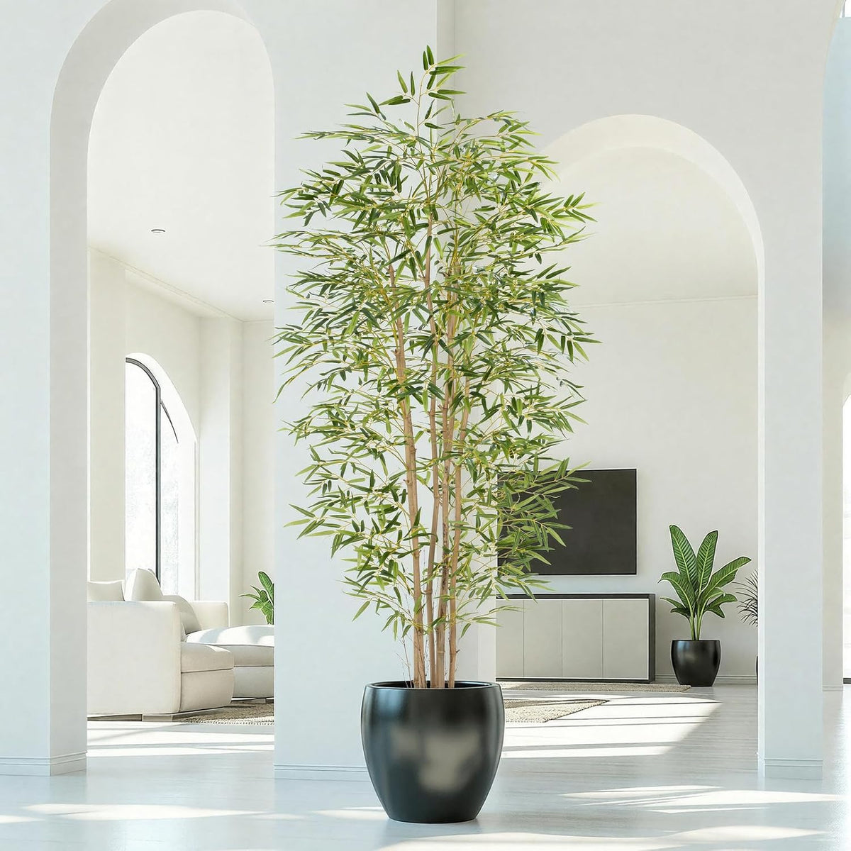 Artificial Bamboo Tree, Fake Bamboo Plant 5FT Tall with 6 Natural Real Bamboo Trunks, Artificial Tree Indoor Decor Faux Silk Tree for Home Office Living Room Modern Decor