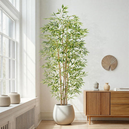 Artificial Bamboo Tree, Fake Bamboo Plant 5FT Tall with 6 Natural Real Bamboo Trunks, Artificial Tree Indoor Decor Faux Silk Tree for Home Office Living Room Modern Decor