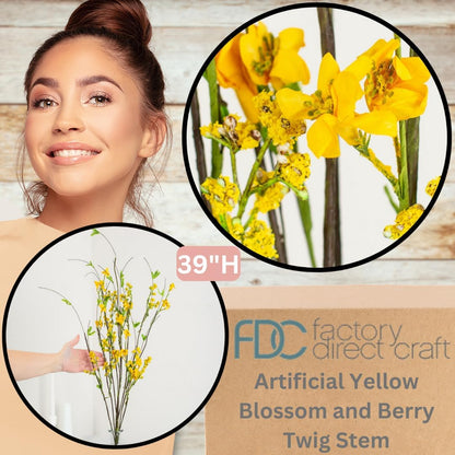 Artificial Yellow Blossom Twig Stem - Fake Forsythia Tree Branch for Flower Arrangements and Decorating (39 Inches High)