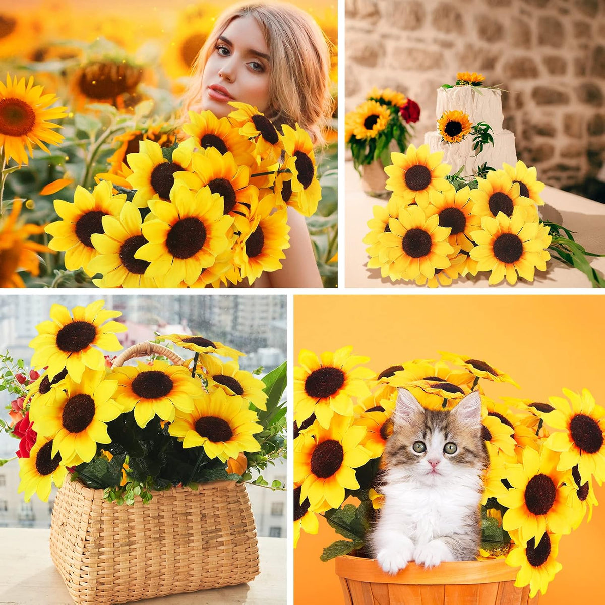 24 Bundles Yellow Summer Sunflower Faux Mums for Outdoor
