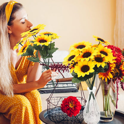 24 Bundles Yellow Summer Sunflower Faux Mums for Outdoor